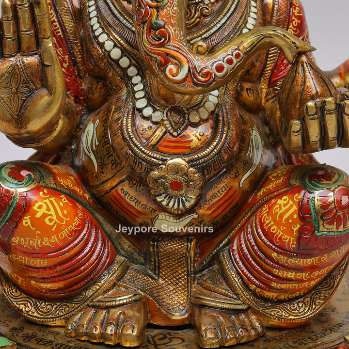 Handcrafted Brass Lord Ganesha Statue with Multicolored Enamel Detailing