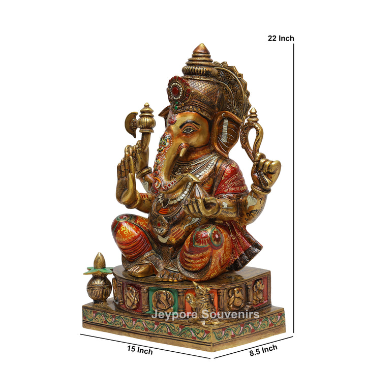 Handcrafted Brass Lord Ganesha Statue with Multicolored Enamel Detailing