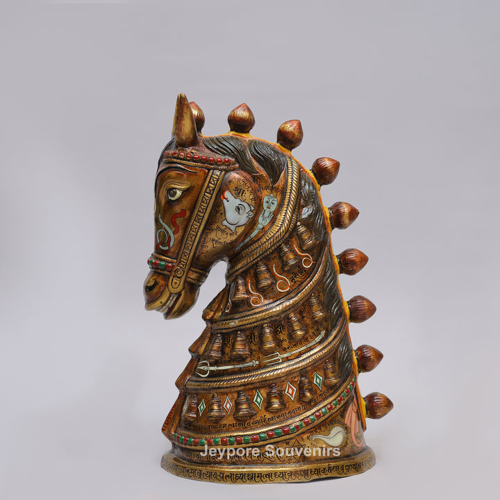 Royal Horse Head Brass Sculpture with Intricate Inlay &amp; Enamel Work