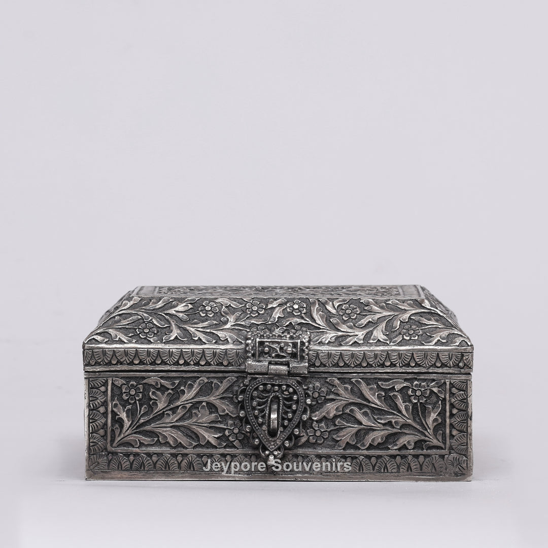 Handcrafted Floral Engraved Antique Silver Finish Jewelry Box