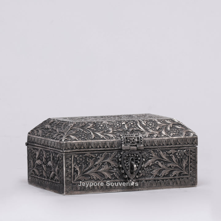 Handcrafted Floral Engraved Antique Silver Finish Jewelry Box