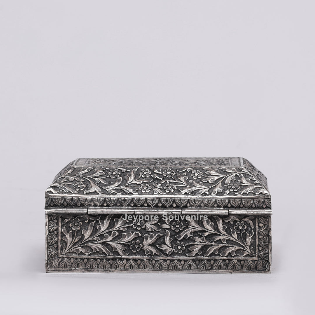 Handcrafted Floral Engraved Antique Silver Finish Jewelry Box