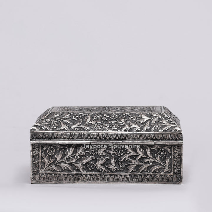 Handcrafted Floral Engraved Antique Silver Finish Jewelry Box