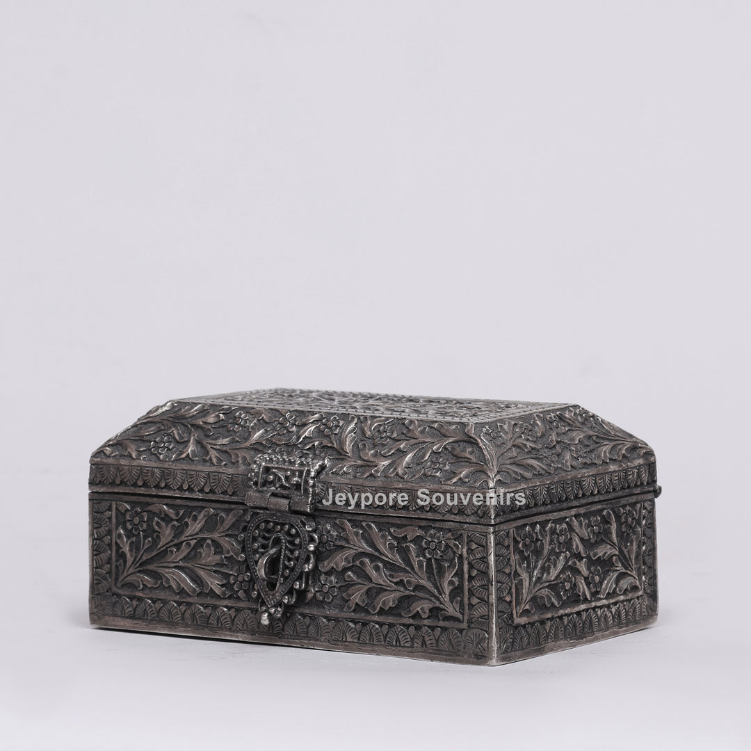 Handcrafted Floral Engraved Antique Silver Finish Jewelry Box