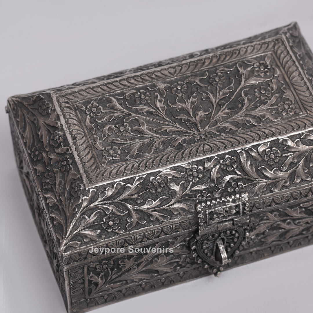 Handcrafted Floral Engraved Antique Silver Finish Jewelry Box