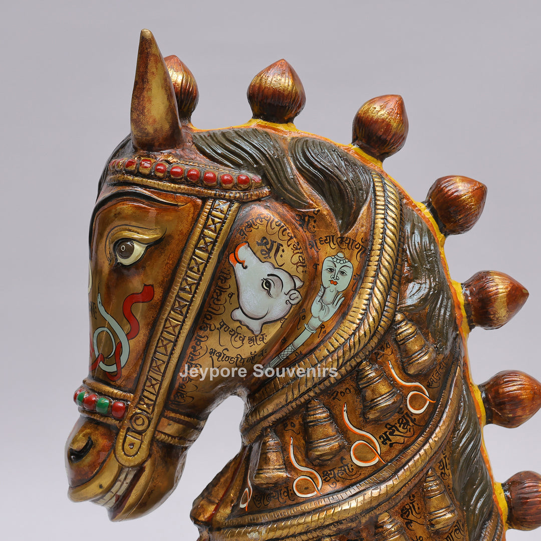 Royal Horse Head Brass Sculpture with Intricate Inlay &amp; Enamel Work