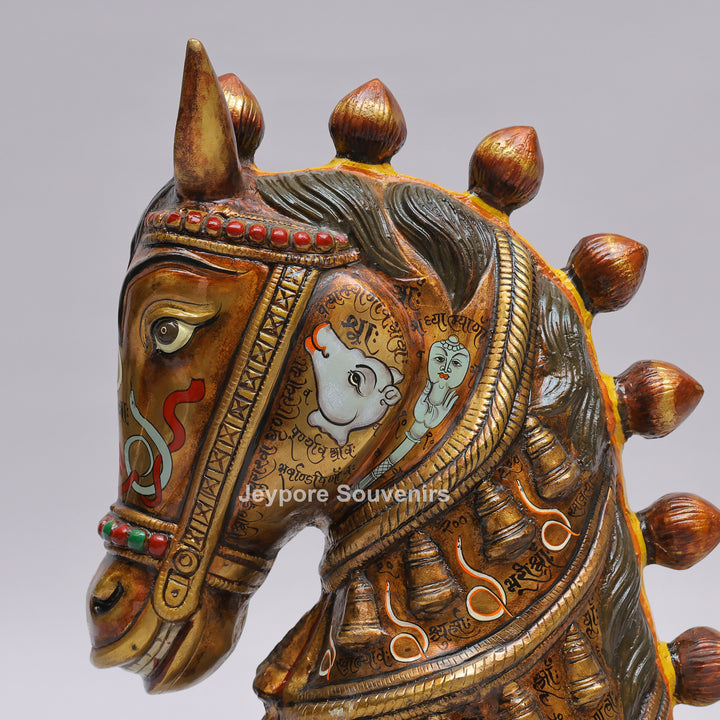 Royal Horse Head Brass Sculpture with Intricate Inlay &amp; Enamel Work