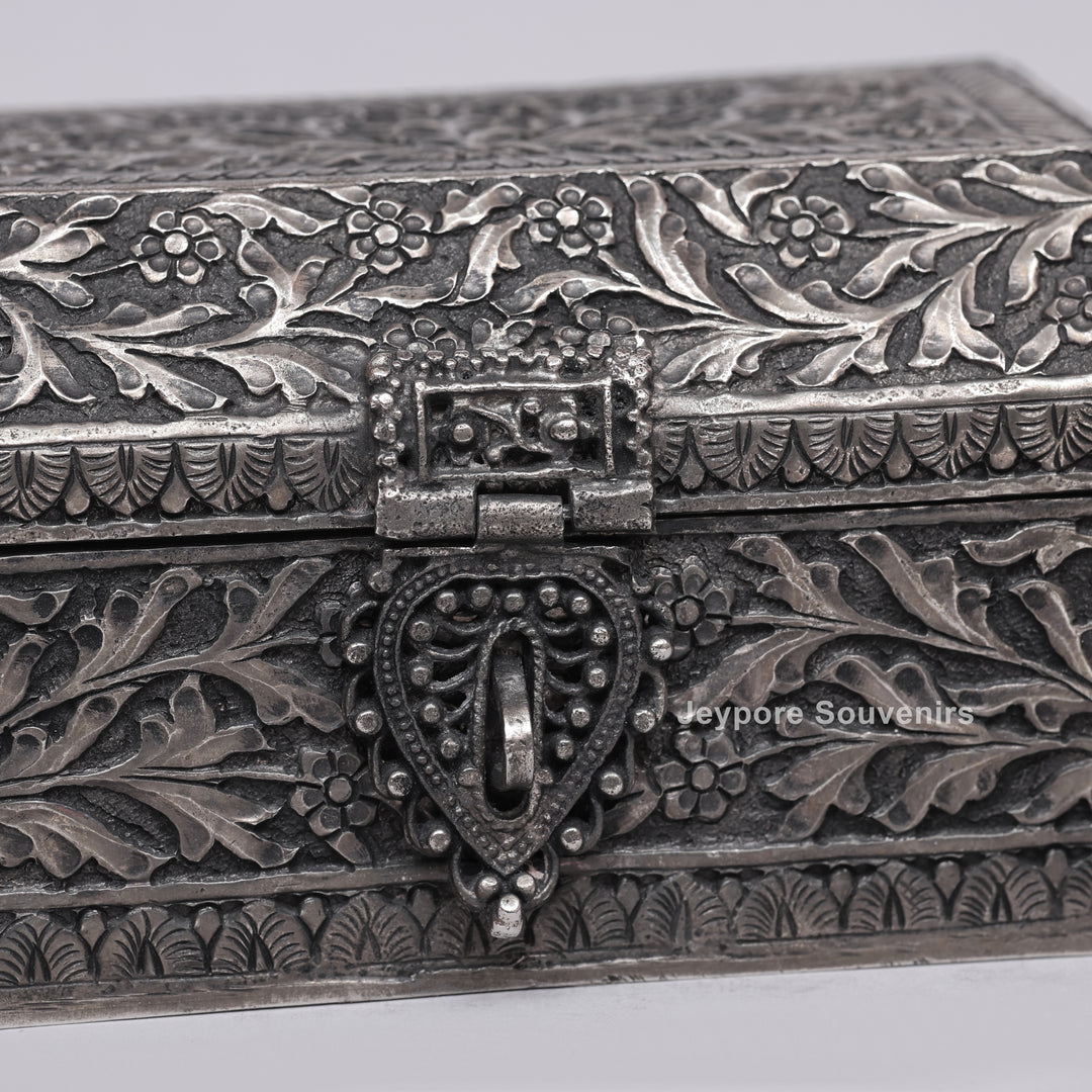 Handcrafted Floral Engraved Antique Silver Finish Jewelry Box
