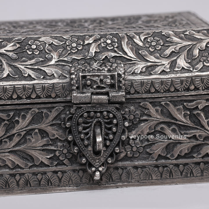 Handcrafted Floral Engraved Antique Silver Finish Jewelry Box