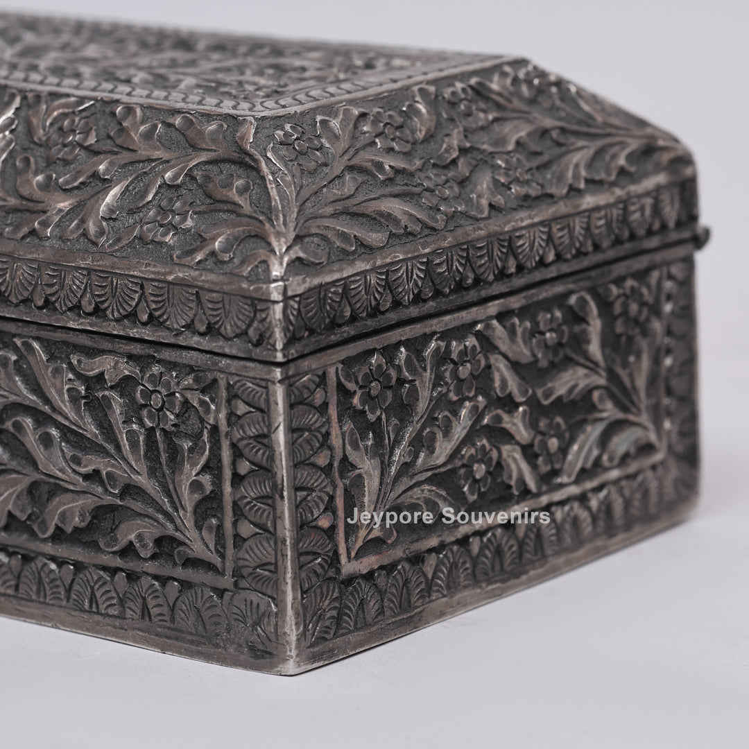 Handcrafted Floral Engraved Antique Silver Finish Jewelry Box