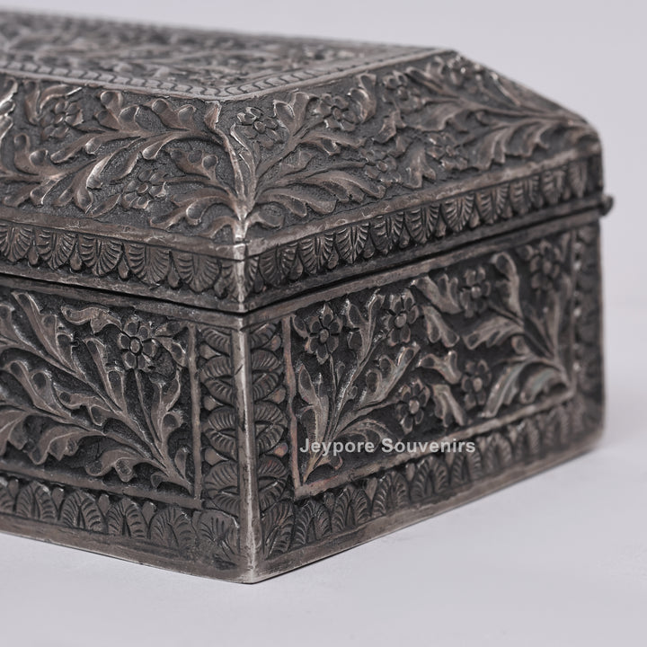 Handcrafted Floral Engraved Antique Silver Finish Jewelry Box