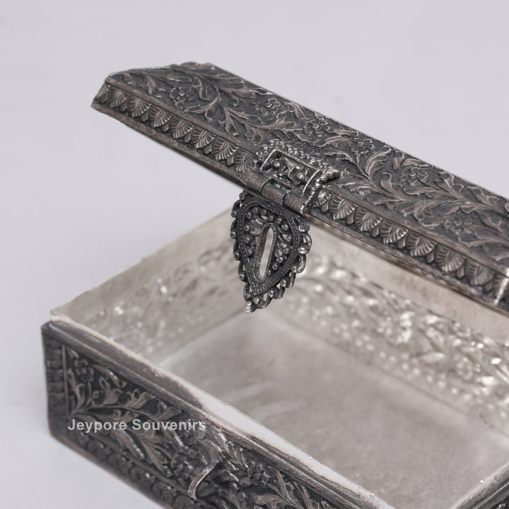 Handcrafted Floral Engraved Antique Silver Finish Jewelry Box