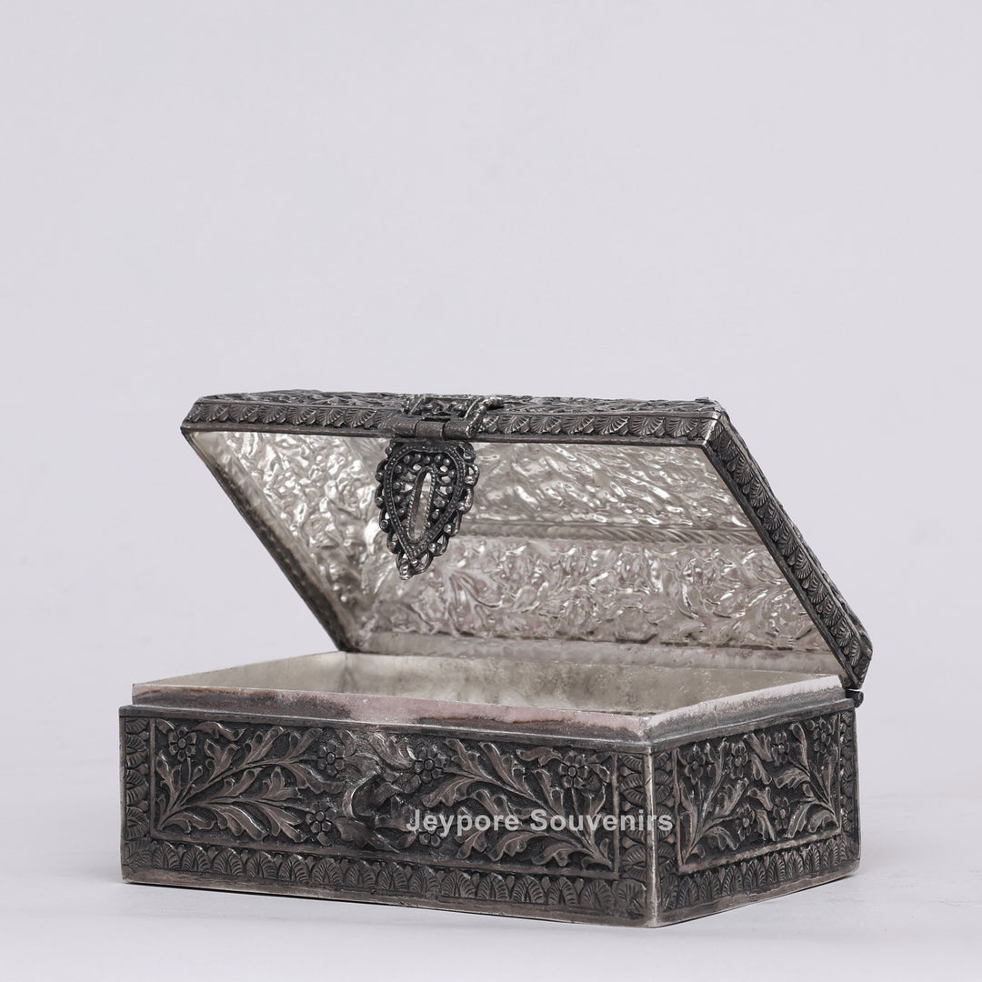 Handcrafted Floral Engraved Antique Silver Finish Jewelry Box