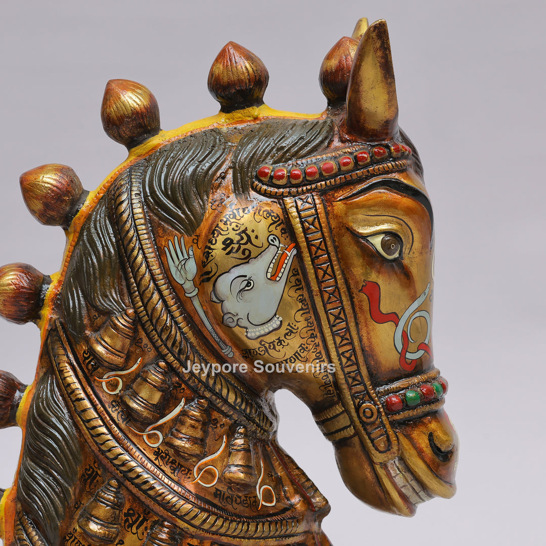 Royal Horse Head Brass Sculpture with Intricate Inlay &amp; Enamel Work