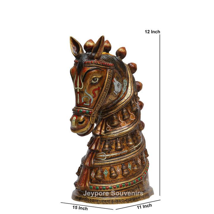 Royal Horse Head Brass Sculpture with Intricate Inlay &amp; Enamel Work