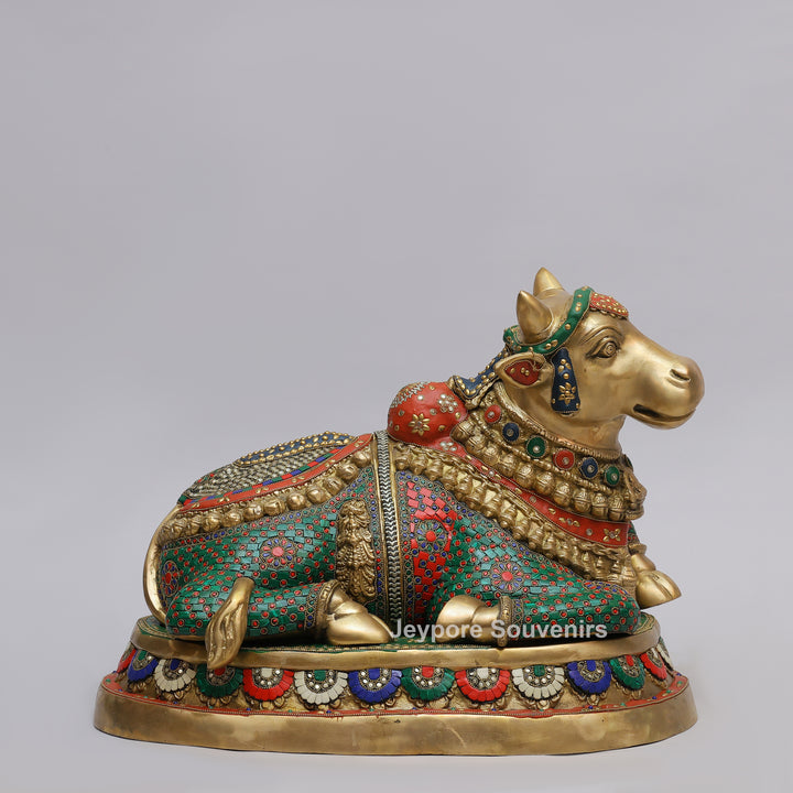 Handcrafted Brass Nandi Statue with Colorful Mosaic Inlay Work