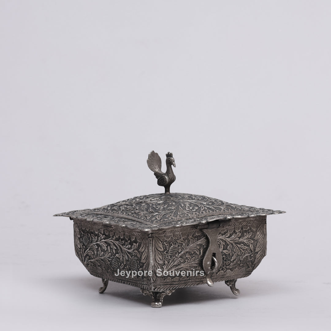 Handcrafted Peacock Finial Silver Polished Decorative Box