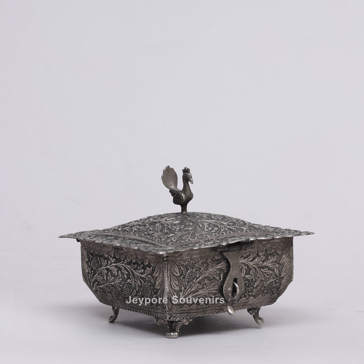Handcrafted Peacock Finial Silver Polished Decorative Box