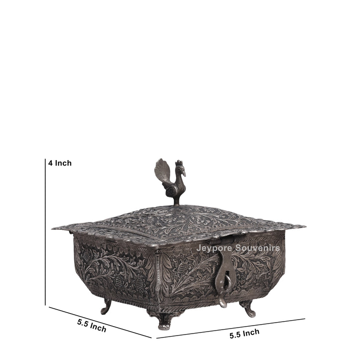 Handcrafted Peacock Finial Silver Polished Decorative Box