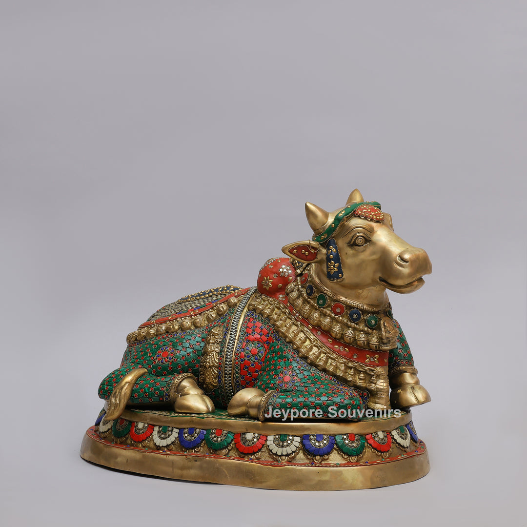 Handcrafted Brass Nandi Statue with Colorful Mosaic Inlay Work