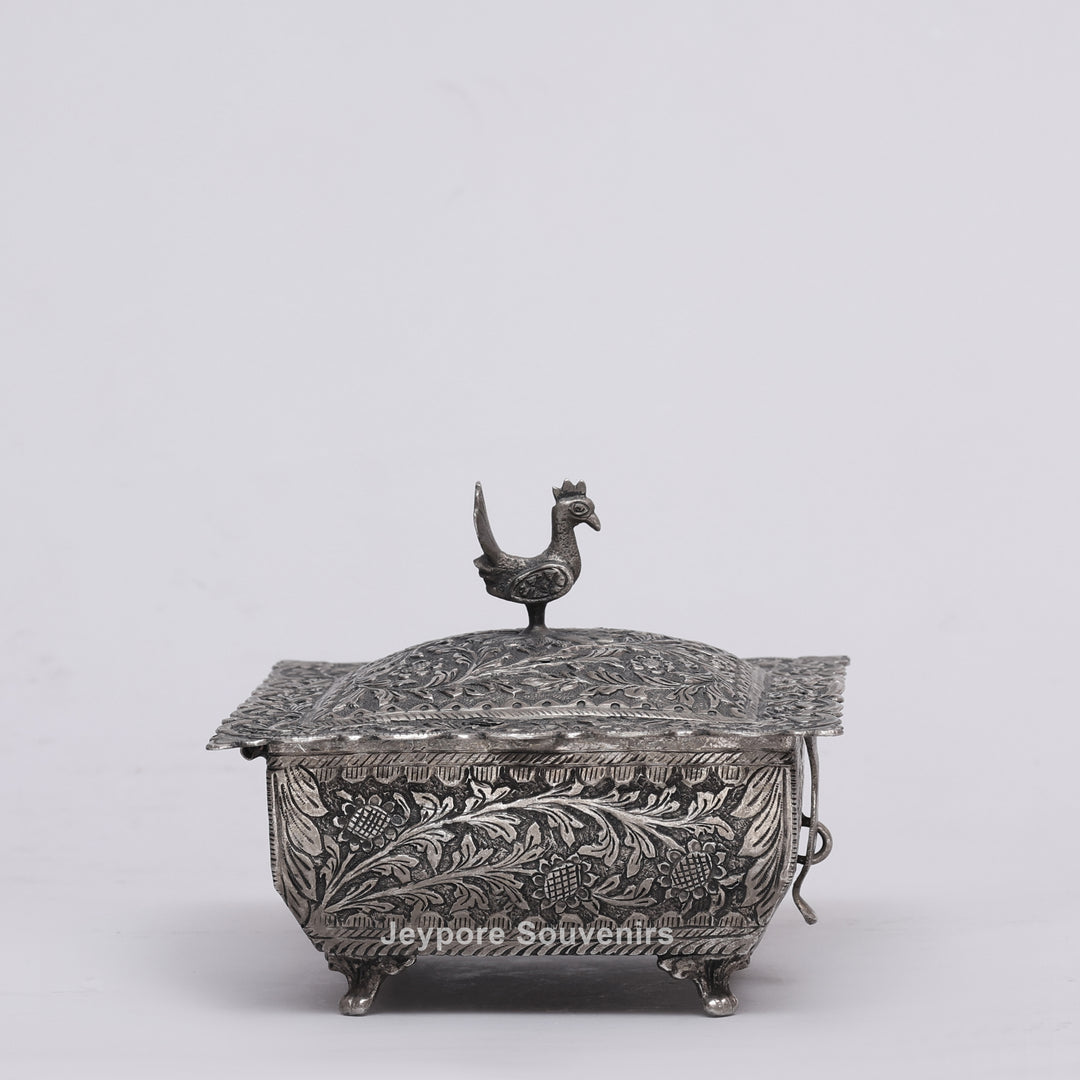 Handcrafted Peacock Finial Silver Polished Decorative Box