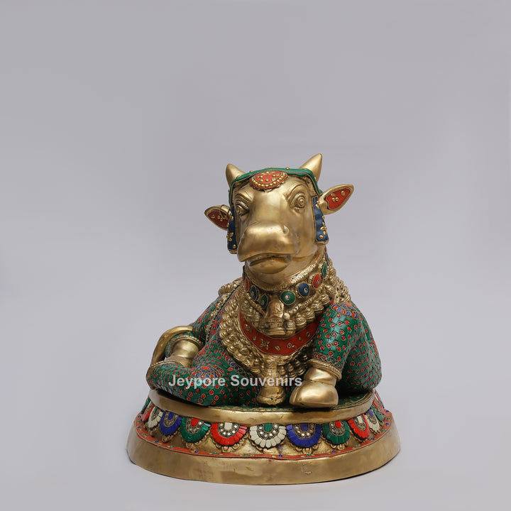 Handcrafted Brass Nandi Statue with Colorful Mosaic Inlay Work