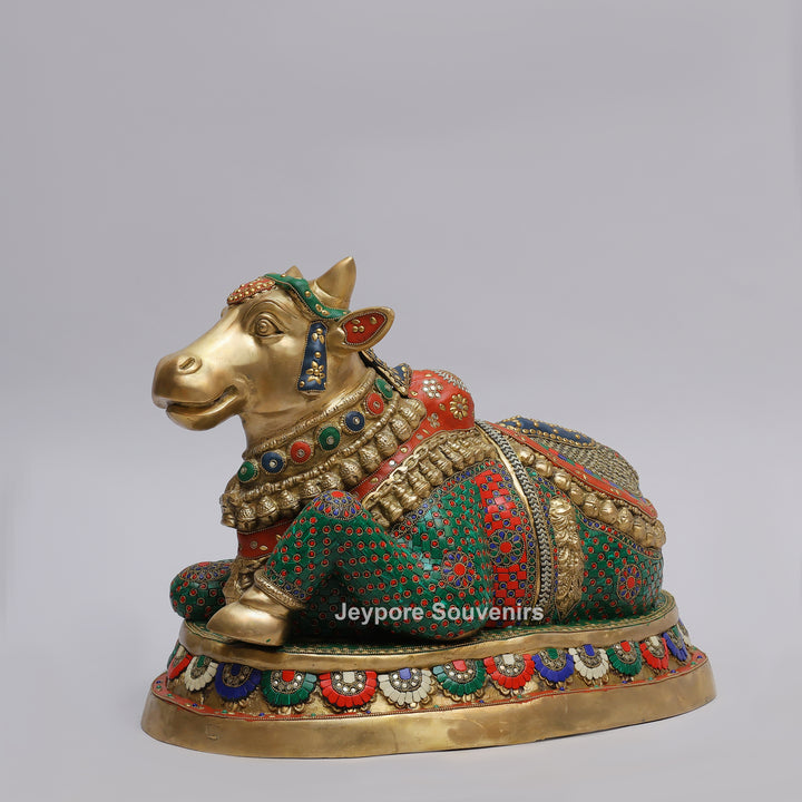 Handcrafted Brass Nandi Statue with Colorful Mosaic Inlay Work