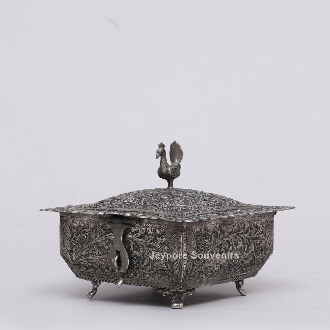 Handcrafted Peacock Finial Silver Polished Decorative Box