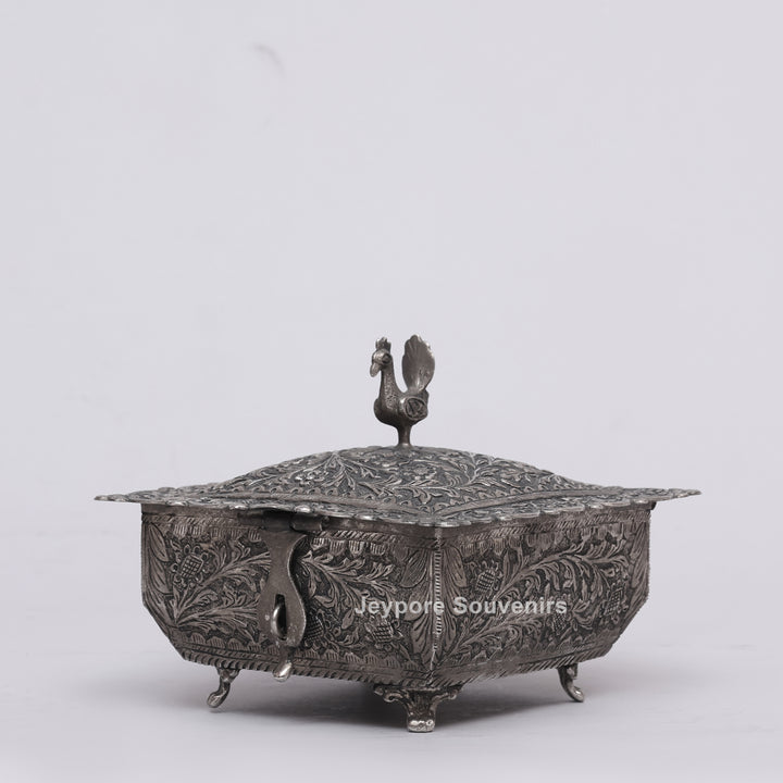 Handcrafted Peacock Finial Silver Polished Decorative Box