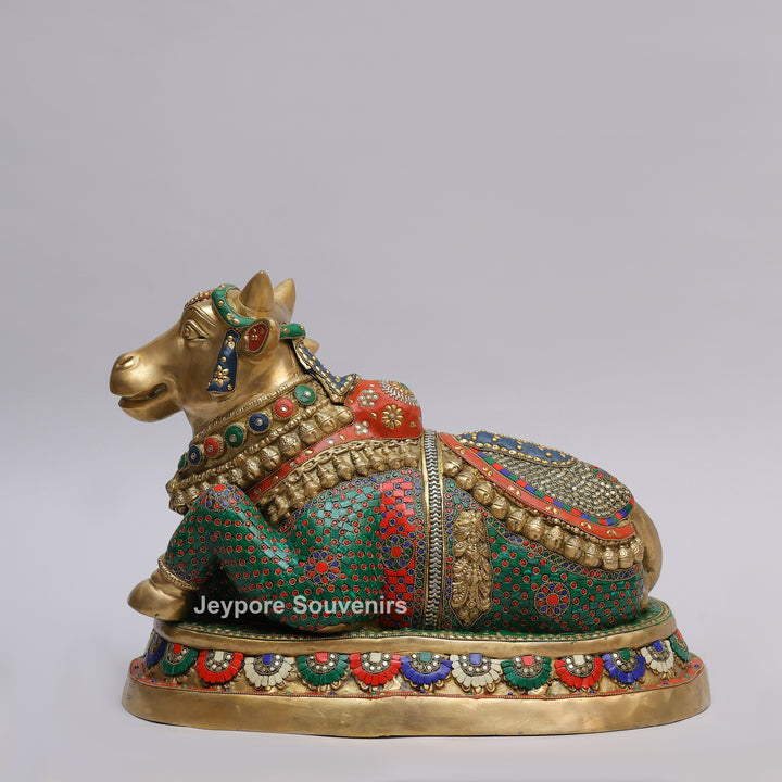 Handcrafted Brass Nandi Statue with Colorful Mosaic Inlay Work
