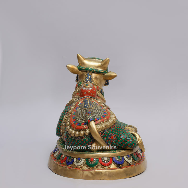 Handcrafted Brass Nandi Statue with Colorful Mosaic Inlay Work