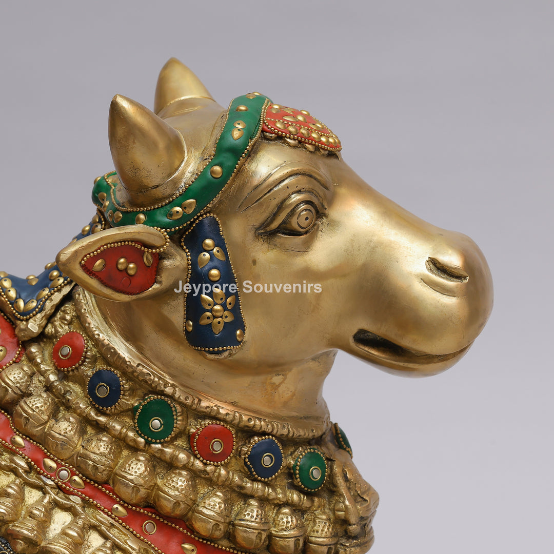 Handcrafted Brass Nandi Statue with Colorful Mosaic Inlay Work