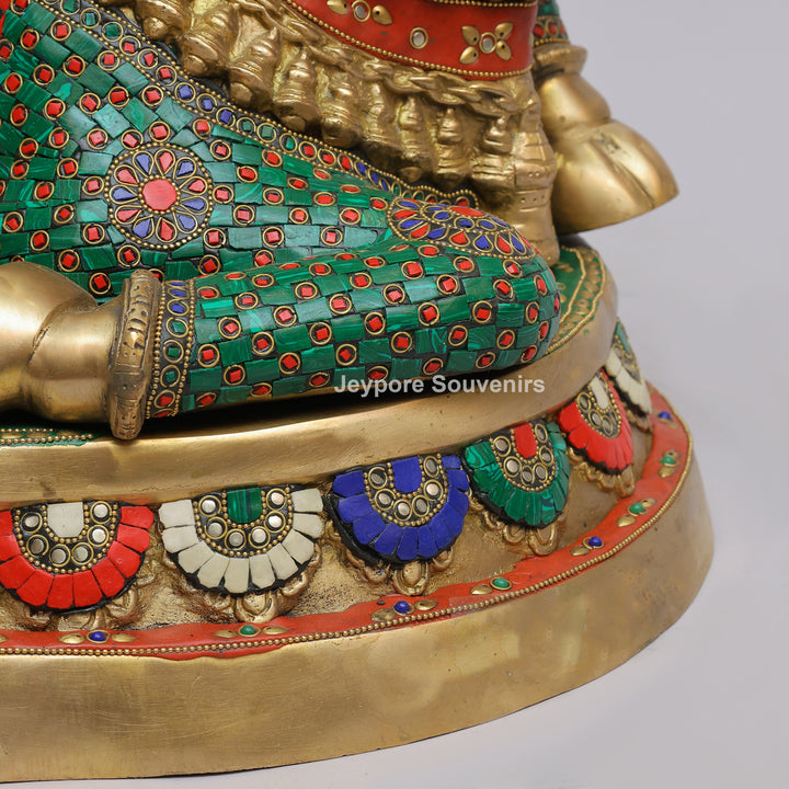 Handcrafted Brass Nandi Statue with Colorful Mosaic Inlay Work