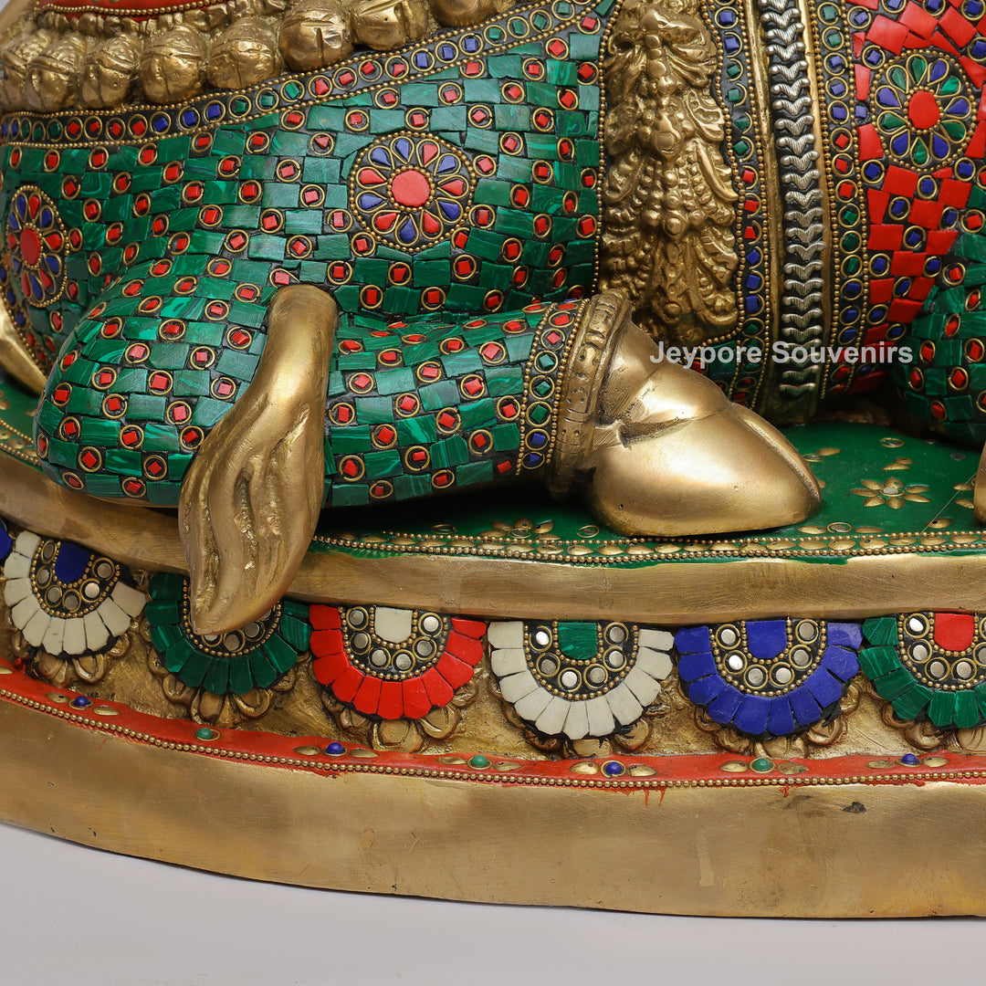 Handcrafted Brass Nandi Statue with Colorful Mosaic Inlay Work
