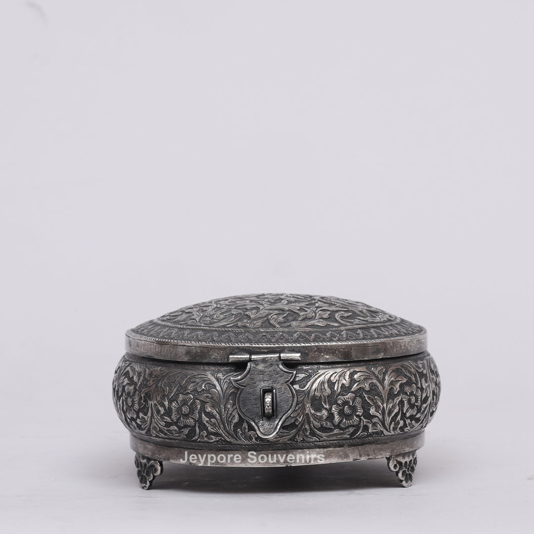 Handcrafted German Silver Oval Jewelry Box with Floral Engraving