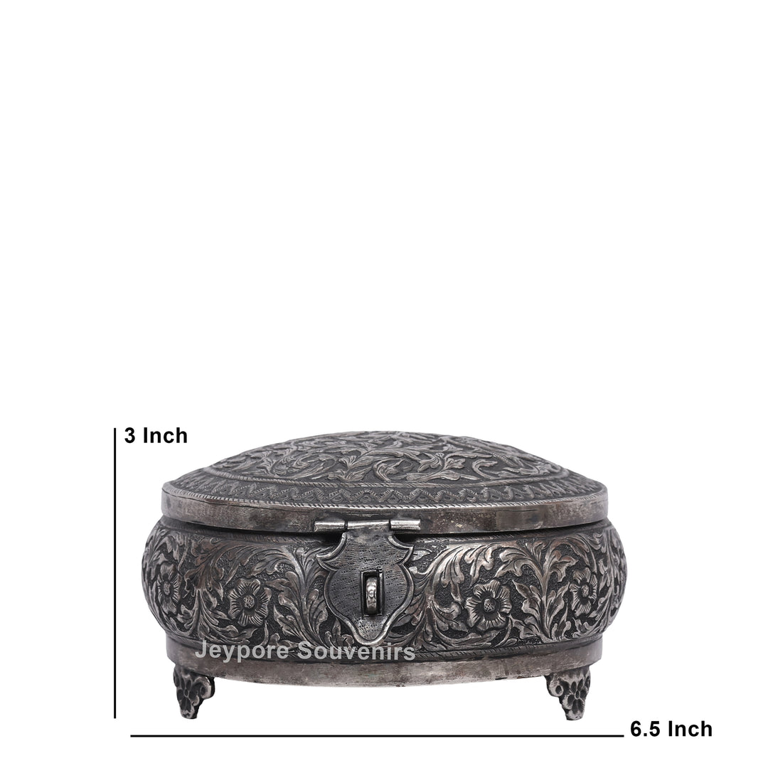 Handcrafted German Silver Oval Jewelry Box with Floral Engraving