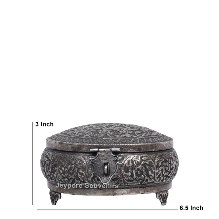 Handcrafted German Silver Oval Jewelry Box with Floral Engraving