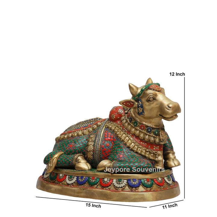 Handcrafted Brass Nandi Statue with Colorful Mosaic Inlay Work