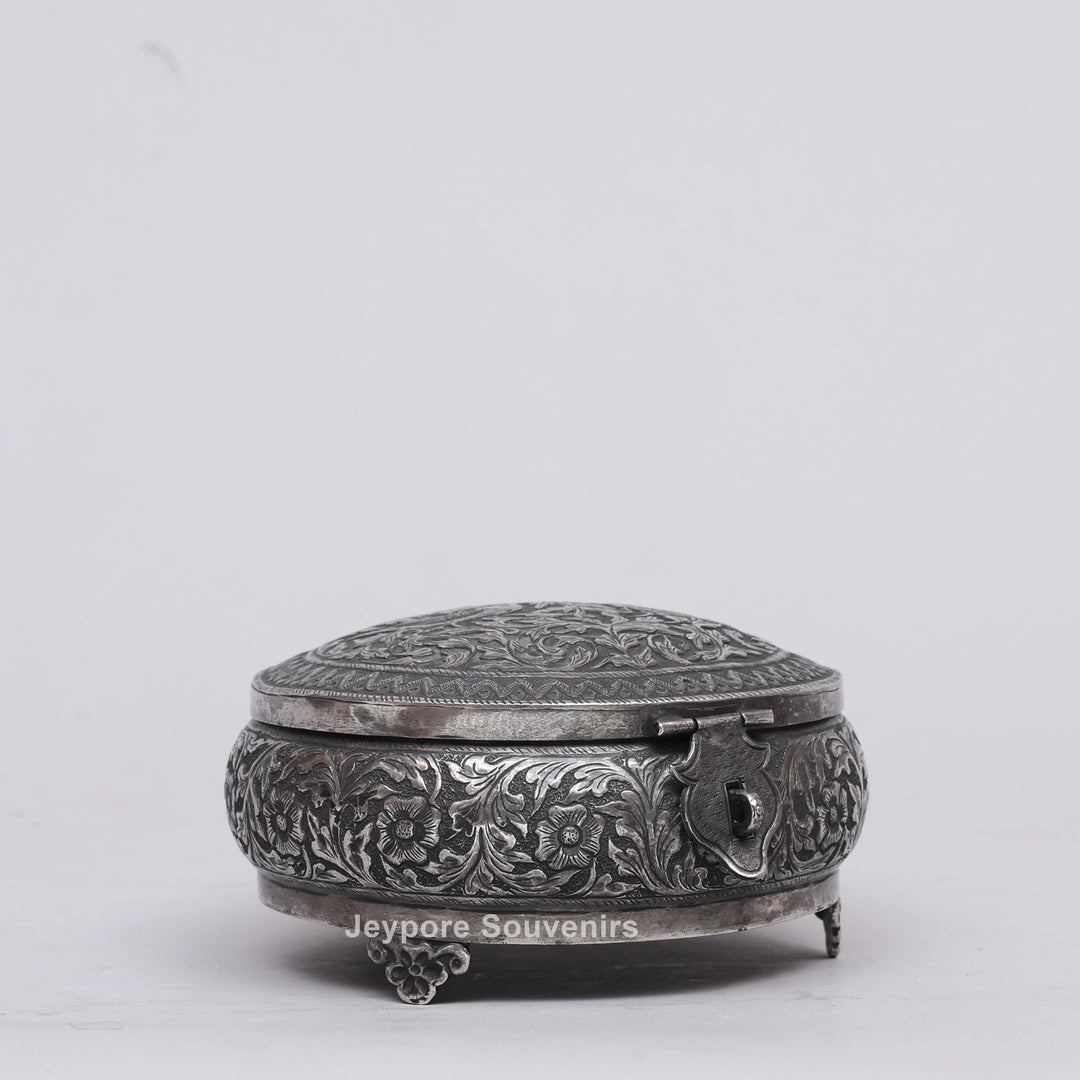 Handcrafted German Silver Oval Jewelry Box with Floral Engraving