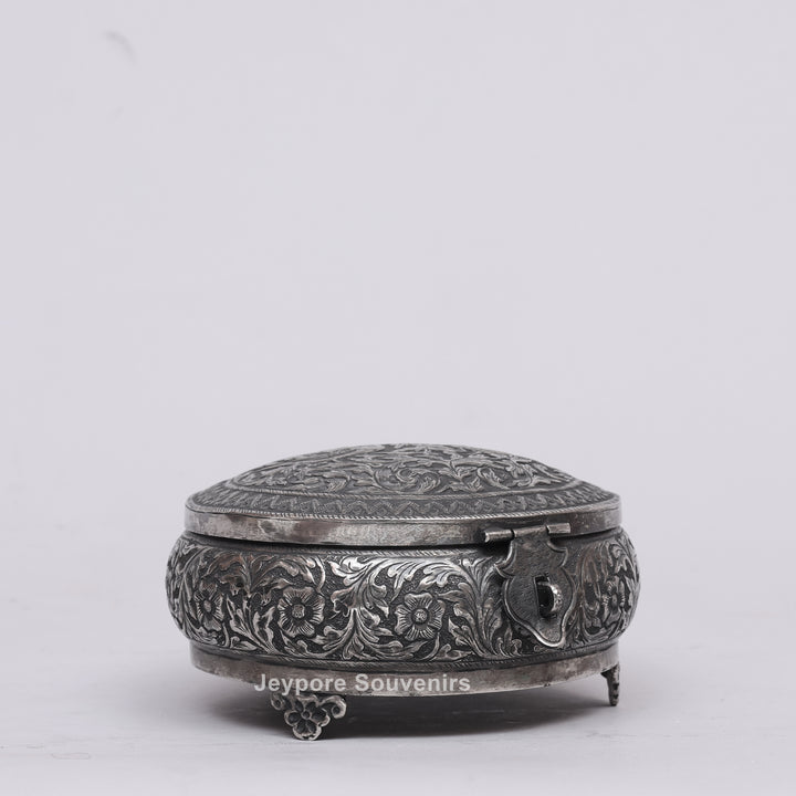 Handcrafted German Silver Oval Jewelry Box with Floral Engraving