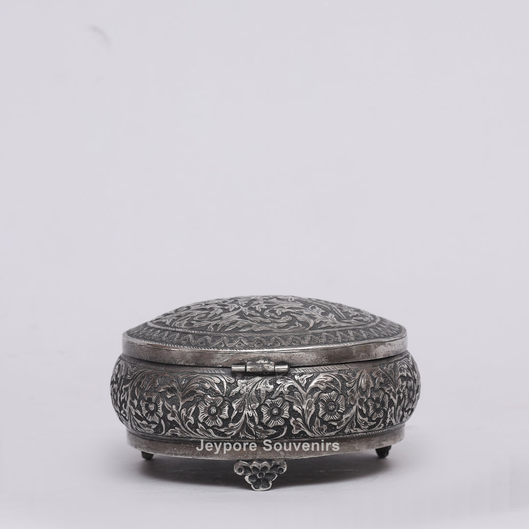 Handcrafted German Silver Oval Jewelry Box with Floral Engraving