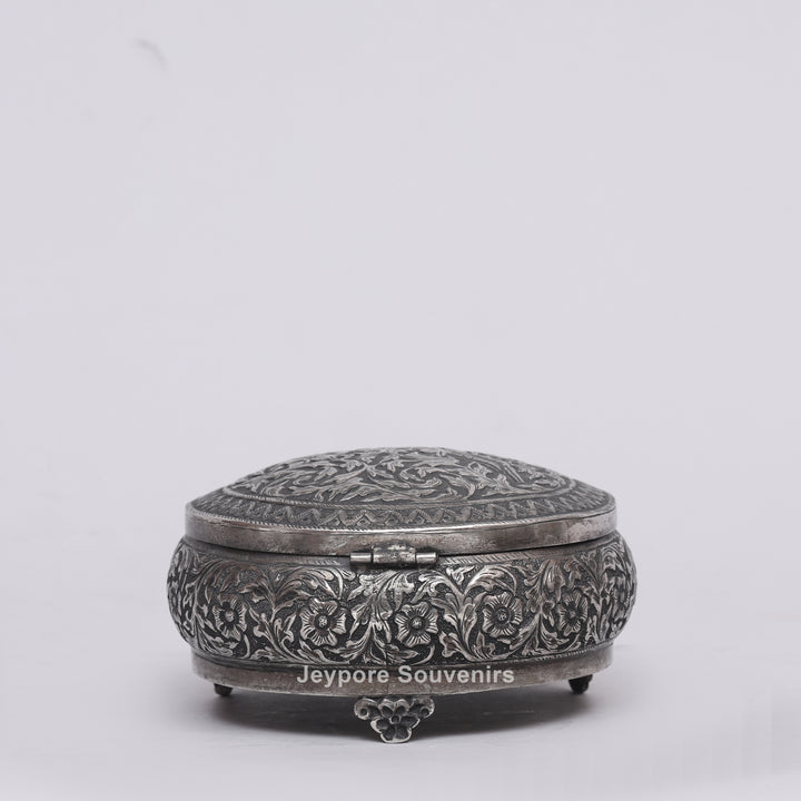 Handcrafted German Silver Oval Jewelry Box with Floral Engraving