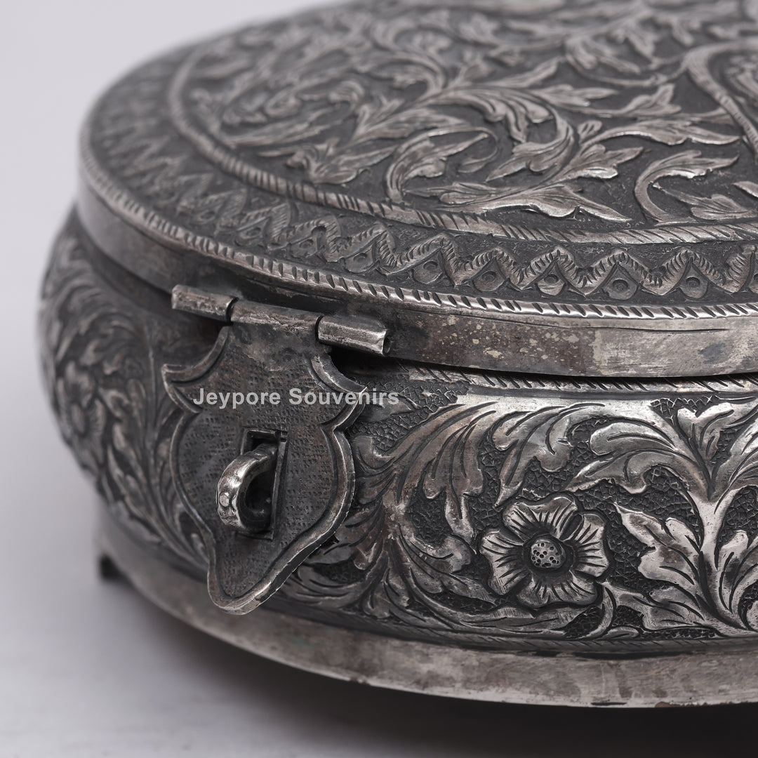 Handcrafted German Silver Oval Jewelry Box with Floral Engraving