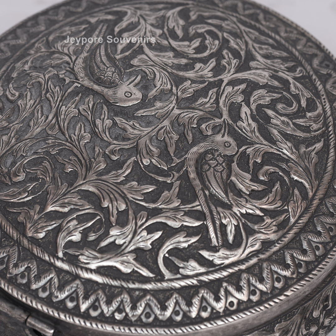 Handcrafted German Silver Oval Jewelry Box with Floral Engraving