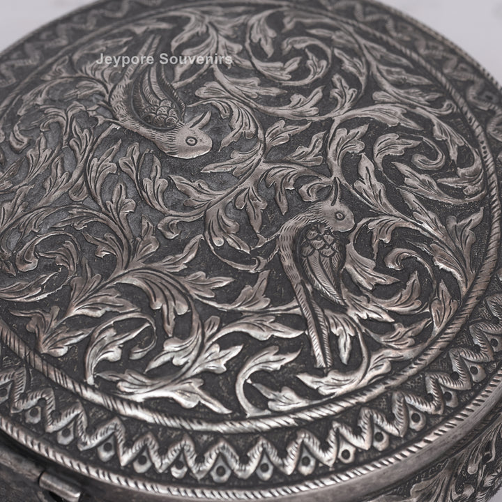 Handcrafted German Silver Oval Jewelry Box with Floral Engraving
