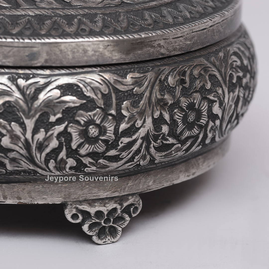 Handcrafted German Silver Oval Jewelry Box with Floral Engraving