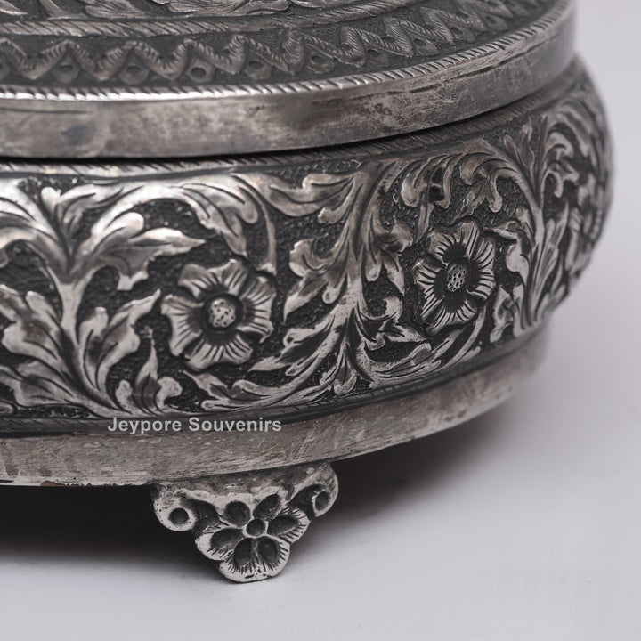 Handcrafted German Silver Oval Jewelry Box with Floral Engraving