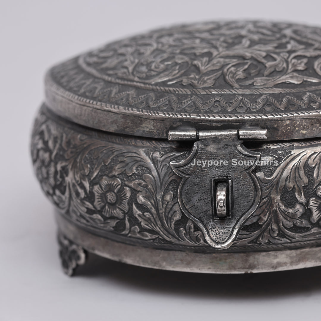 Handcrafted German Silver Oval Jewelry Box with Floral Engraving