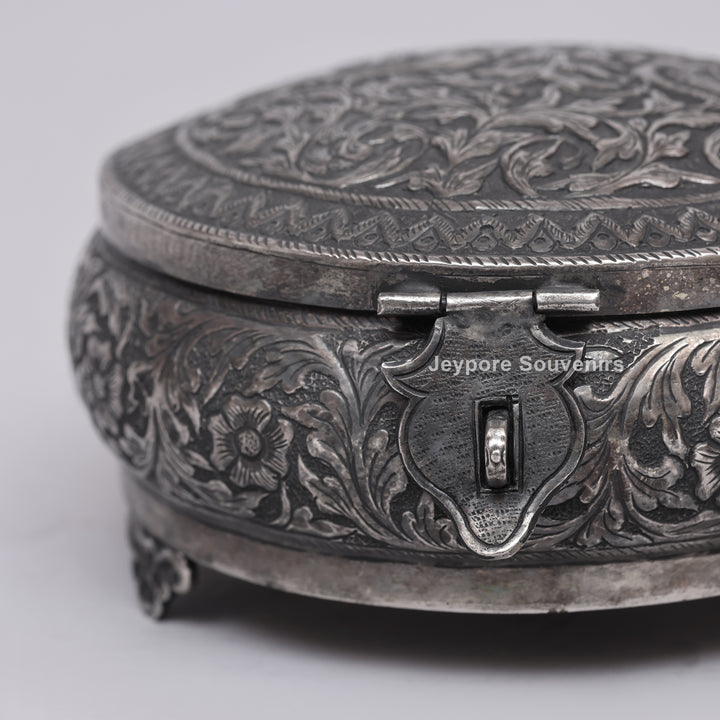 Handcrafted German Silver Oval Jewelry Box with Floral Engraving