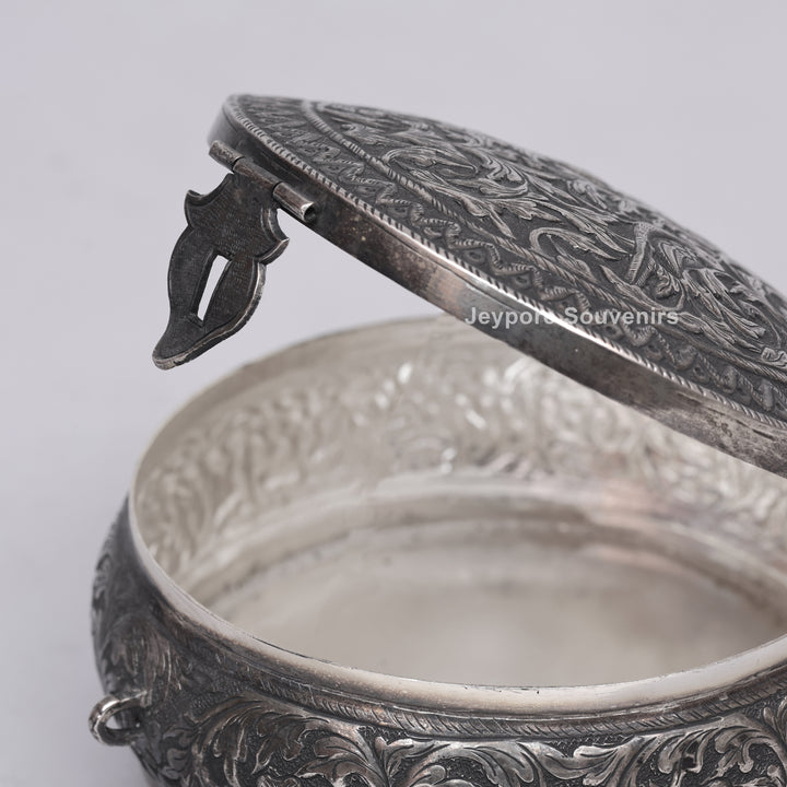 Handcrafted German Silver Oval Jewelry Box with Floral Engraving